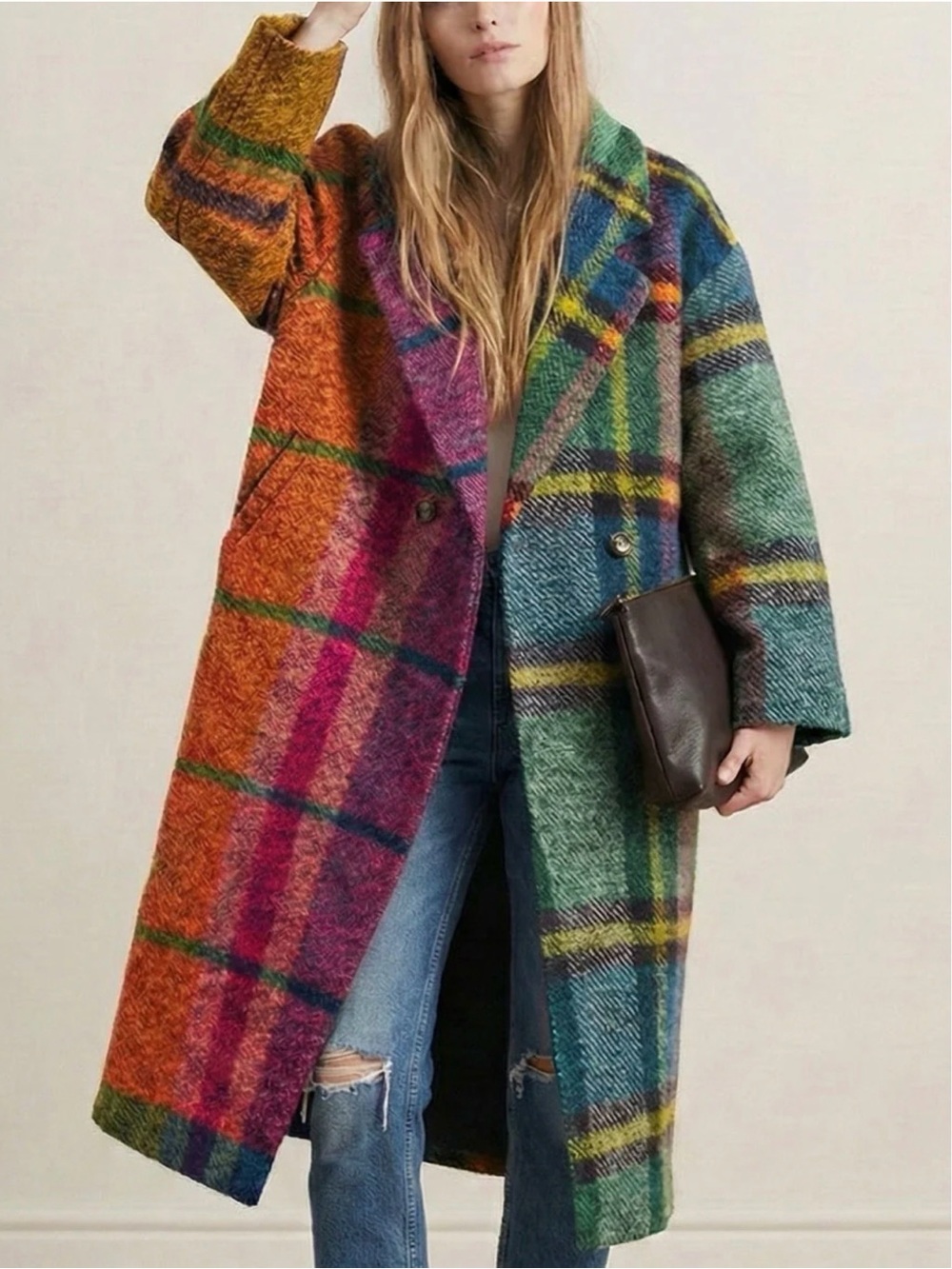 Women’s Multicolor Plaid Long Coat - L